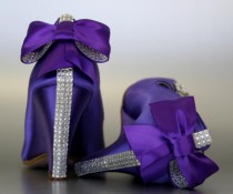 wedding photo - Wedding Shoes -- Purple Peeptoe Wedges with Silver Rhinestones Strip on Heel and Matching Bow