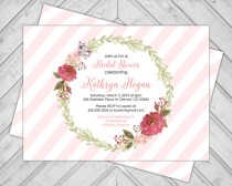 wedding photo - DIY blush pink wedding shower invite - watercolor floral wreath invitation bridal shower - diagonal stripes - printable (619)