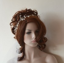 wedding photo -  Wedding Pearl headband, Pearl tie headband, for weddings with ivory flowers, bridal hair accessory, Bridesmaid , Flower Girl Headband