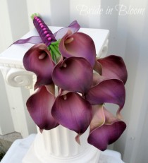 wedding photo - Calla lily Wedding bouquet plum purple real touch Bridal bouquet