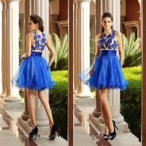 wedding photo - Royal Blue Mini Short Prom Party Dresses Crew Sheer Neck Tulle Applique Bodice Organza Ball Gowns Dresses 2015 A-Line New Style Spring Online with $95.95/Piece on Hjklp88's Store 