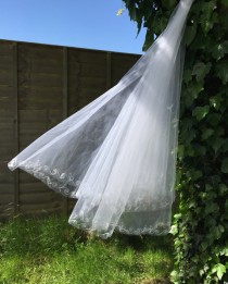 wedding photo - Vintage wedding veil white embroidered netting soutache swirls 1960s 1950s style 38" 