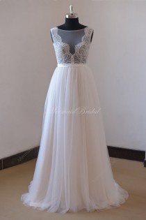 wedding photo - Backless Scallop neckline tulle lace wedding dress with ivory sash and lovely buttons