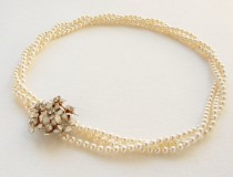 wedding photo - White flower necklace, bridal necklace, beadwork, vintage enamel flower twisted beaded pearl necklace, wedding jewelry