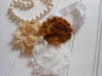 wedding photo - Baby Hair Bow-Brown, Tan and White Frayed flower Shabby Chic for Baptism, Weddings