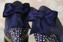 wedding photo - Wedding Shoes -- Navy Blue Peep Toe Wedge Custom Wedding Shoes with Silver and Blue Crystal Heel and Toe and Matching Bow