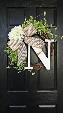 wedding photo - Year Round Grapevine Red Hydrangea And Chevron Burlap Wreath, With Curly White Monogram Initial, Fall Burlap Wreath, Wreath With Monogram
