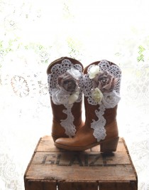 wedding photo - Vintage cowboy boots, Romantic fall country chic western boots, Autumn barn wedding, Embellished shabby cottage shoes, True rebel clothing