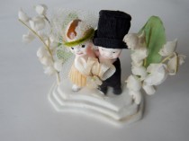 wedding photo - Kewpie Chalk Ware Wedding Cake Topper - Bride and Groom - Spring Lillies of the Valley Fabric Flowers - Retro Wedding - Simply Charming!