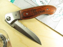 wedding photo - Engraved Wood Handle Pocket Knife with 4 Inch Half Serrated Blade Personalized Groomsman Best Man Ring Bearer Usher Wedding Gift Keepsake