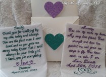 wedding photo - Lacy Mom and Striped Dad Personalized Wedding Handkerchief. Gift for the Mother and Father of the Bride Free Shimmer Gift Envelope included.