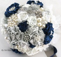 wedding photo - Brooch Bouquet, Wedding, Jeweled, Bridal, Navy Blue, White, Gray and Silver with Handmade Flowers and Pearls, Something Blue