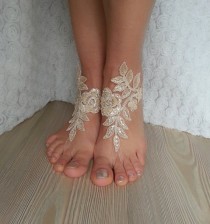 wedding photo -  Champagne Beach wedding barefoot sandals, french lace sandals, wedding anklet, Beach wedding barefoot sandals, embroidered sandals.