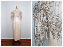 wedding photo - Oscar de la Renta Beaded Gown / Iridescent Ivory Embellished Dress / Silver Fringe Beaded Wedding Gown 38 40