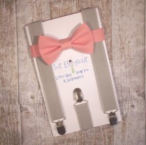 wedding photo - Salmon Bow Tie and Grey Suspenders, Toddler Suspenders, Baby Suspenders, Ring Bearer, Coral Reef, Peach