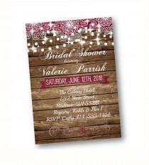wedding photo - Rustic Bridal Shower Invitation wood and lace with string of lights printed or printable option deep plum burgundy magenta burgundy invite