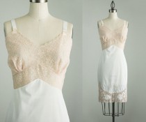 wedding photo - 60s Vintage Champagne And Ivory Embroidered Lace Slip Dress / Medium