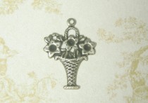 wedding photo - Daisy Basket Flower Charm Antiqued Silver Ox Plated Brass Stamping 4-174-SO