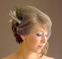 wedding photo - Birdcage Veil ,peacock Feathers Fascinator,(2 ITEMS), bridal Feathers Fascinator, Hair Accessories,bridal head piece