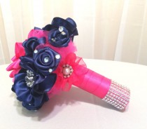 wedding photo -  Navy blue and Hot pink satin ribbon flower bouquet with Pearl and rhinestone brooches, Hot pink pearl brooch bouquet, Navy fabric bouquet
