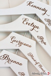 wedding photo - 3 - Personalized White Wedding Dress Hangers With Wedding Party Title Arm Inscription - Engraved Wood