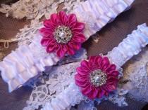 wedding photo - Wedding Garter Set with a Fuchsia Pink Daisy and Lace Daisies, Bridal Garter on White Satin