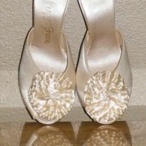 wedding photo - Daniel Green 1950s Ivory Satin Peep Toe Heels with Flower Pom, 50s Bridal Boudoir Slippers, Sz 7 - 7.5 Vintage Wedding Pinup Shoes