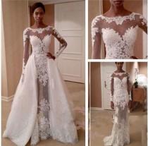 wedding photo - Zuhair Murd Wedding Dresses See-Through Beach Bridal Gowns with Long Sleeve A-Line Sheer Neck Appliques Sweep Train Garden Ball Bridal Gown Online with $129.95/Piece on Hjklp88's Store 