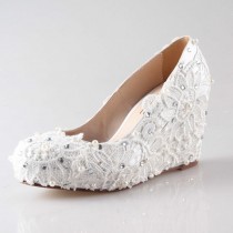 wedding photo - Ivory lace wedge shoes for outdoor wedding party closed toe lace shoes pumps