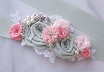 wedding photo - Seafoam and Coral Sash, Pale Mint Bridal Sash, Coral Pink Wedding Belt with Rhinestones, Pearls, Sea Glass Green - SPRING MEADOW