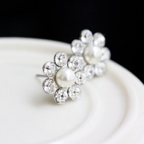 wedding photo - Bridal Earrings Stud Post Earrings Small Wedding Earrings Simple Crystal Pearl  Flower STUDS