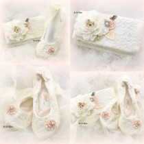 wedding photo - Clutch, Wedding, Lace up, Ballet Flats, Handbag, Bridal Flats, Ballerina Flats, Cream, White, Ivory, Blush, in Lace with Pearls and Crystals