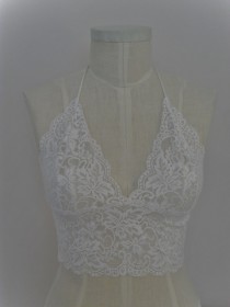 wedding photo - Bralette Fitted Camisole in White Stretch Lace With Satin Straps Halter Style