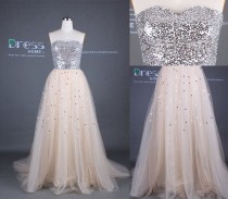 wedding photo - Champagne Sweetheart Neckline Sequins Tulle A Line Prom Dress/Sexy Silver Sequins Long Party Dress/Engagement Party Dress DH335