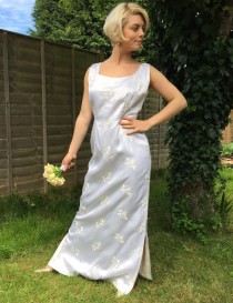 wedding photo - 1960s vintage wedding dress white satin shift long gown embroidered flowers classic simple sleek UK 14 late 50s Mad Men Mod hourglass wiggle