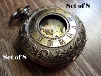 wedding photo - Set of 8 Gold Bronze Mechanical Pocket Watches with Watch Chains Discount Groomsmen Gift Wedding Party Gift Grooms Corner Ships from Canada