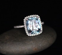 wedding photo - Flawless Aquamarine Engagement Ring Diamond Halo Ring in 14k White Gold Aquamarine Cushion 11x9mm and Diamonds