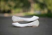 wedding photo - Wedding Shoes - Ivory Bridal Flats, Wedding Flats, Ivory Flats, Satin Flats with Ivory Lace. US Size 7