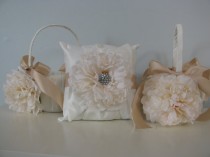 wedding photo - Flower Girl Baskets and Ring Bearer Set of 3- Satin Ivory or White Ivory Peony Champagne/Taupe  and Rhinestone Center- You Customize
