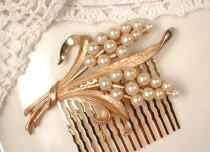 wedding photo - Vintage Ivory Pearl Gold Leaf Bridal Hair Comb, TRIFARI Rose Gold Hairpiece Crystal Haircomb, Rustic Country Eco Modern Wedding Accessory