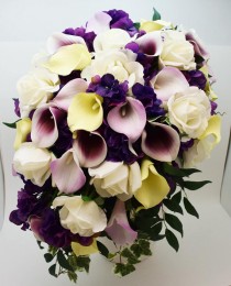 wedding photo - Reserved- Cascade Bridal Bouquet Featuring Real Touch Picasso Callas,White Roses, and Purple Hydrangea Bridesmaids Bouquets Boutonnieres