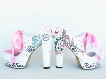 wedding photo - Disney Wedding - Cinderella's Castle and the pumpkin carriage - Personalized Bridal Shoes - Handpainted Wedding Shoes