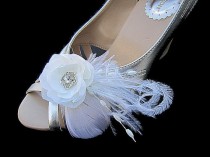 wedding photo - Rosemary - Bridal Gardenia flower Set of 2 Shoe Clips with Rhinestone Ostrich Feathers Beads Spray
