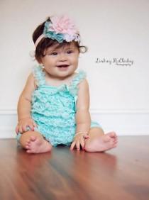 wedding photo - Baby Aqua Teal and Pink Headband Romper SET, Cake Smash Outfit, Romper Set, Aqua and Pink Romper Outfit