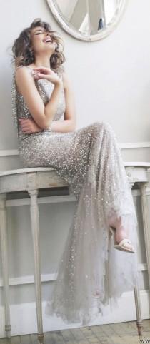 wedding photo - Silver Brides Sequin Dresses Gorgeous Jewels Neck Long Tulle Prom Gown From Dresscomeon