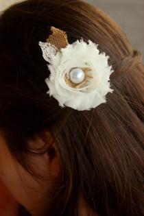 wedding photo - Burlap and Lace Country Wedding Hairpiece, Rustic Western Wedding Hair Clip - Burlap Flowers Wedding Hair Accessory, Wedding Hair Flower