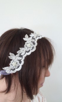wedding photo - Bridal Lace Headband, Pearls Embroidered Lace Wedding Hairband, Bridal Headpiece, Beadwork, Fast Delivery