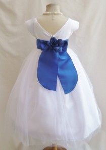 wedding photo - Flower Girl Dresses - WHITE with Blue Royal Satin Dress (FD0SV) - Wedding Easter Bridesmaid - For Children Toddler Kids Teen Girls