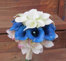 wedding photo - Blue & Ivory Calla Lily Bridal Bouquet with Cymbidium Orchids, Silk Flower Bouquet for your Wedding
