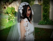 wedding photo - DEPOSIT FOR JULES Only: Ivory Mantilla Veil, Venice Lace Mantilla Veil, Fingetip Ivory Veil, Lace Wedding Veil, Lace Bridal Veil